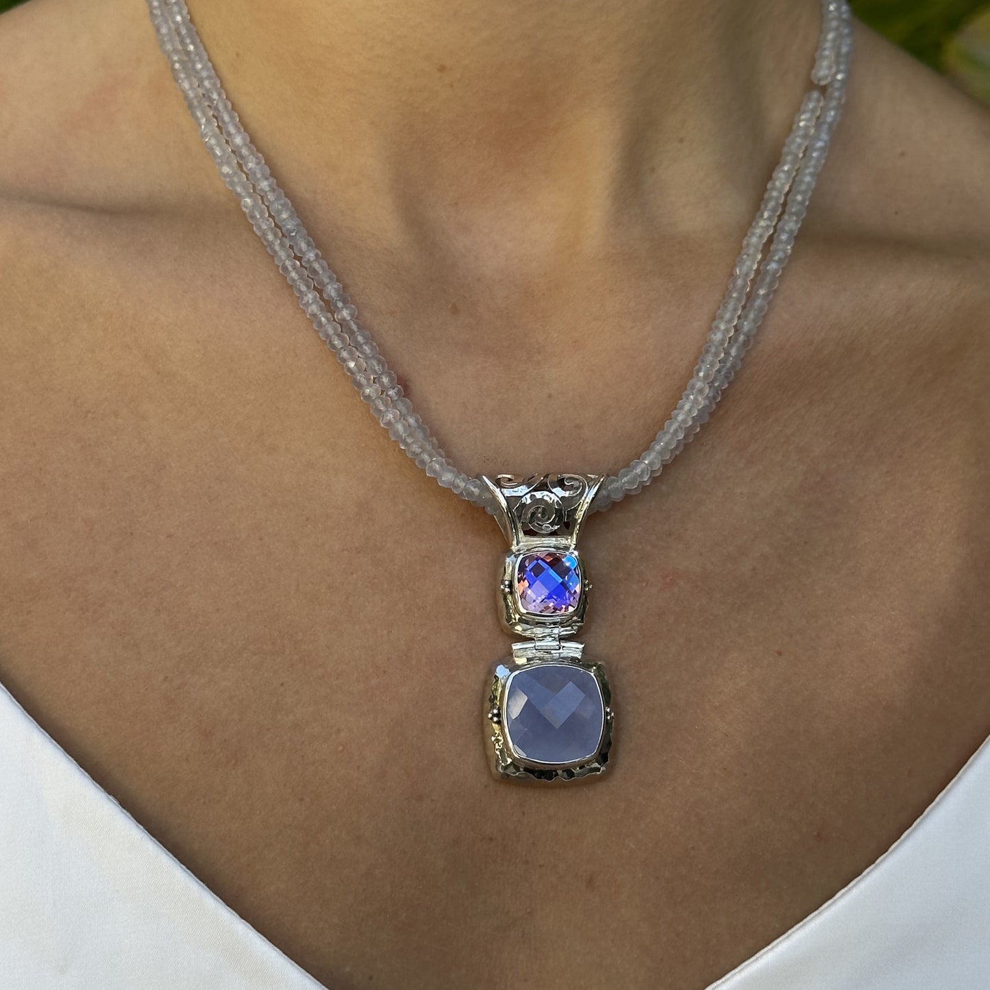 Double Cushion Swirl Pendant Necklace – Chalcedony, Rainbow Lavender Quartz (Splash 2009 Archive)
