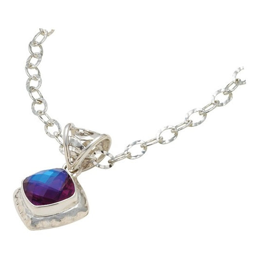 Sterling silver pendant necklace with large cushion rainbow lavender quartz briolette and hammered swirl bail on hammered link chain, Lori Bonn Splash Collection 2009 Archive.