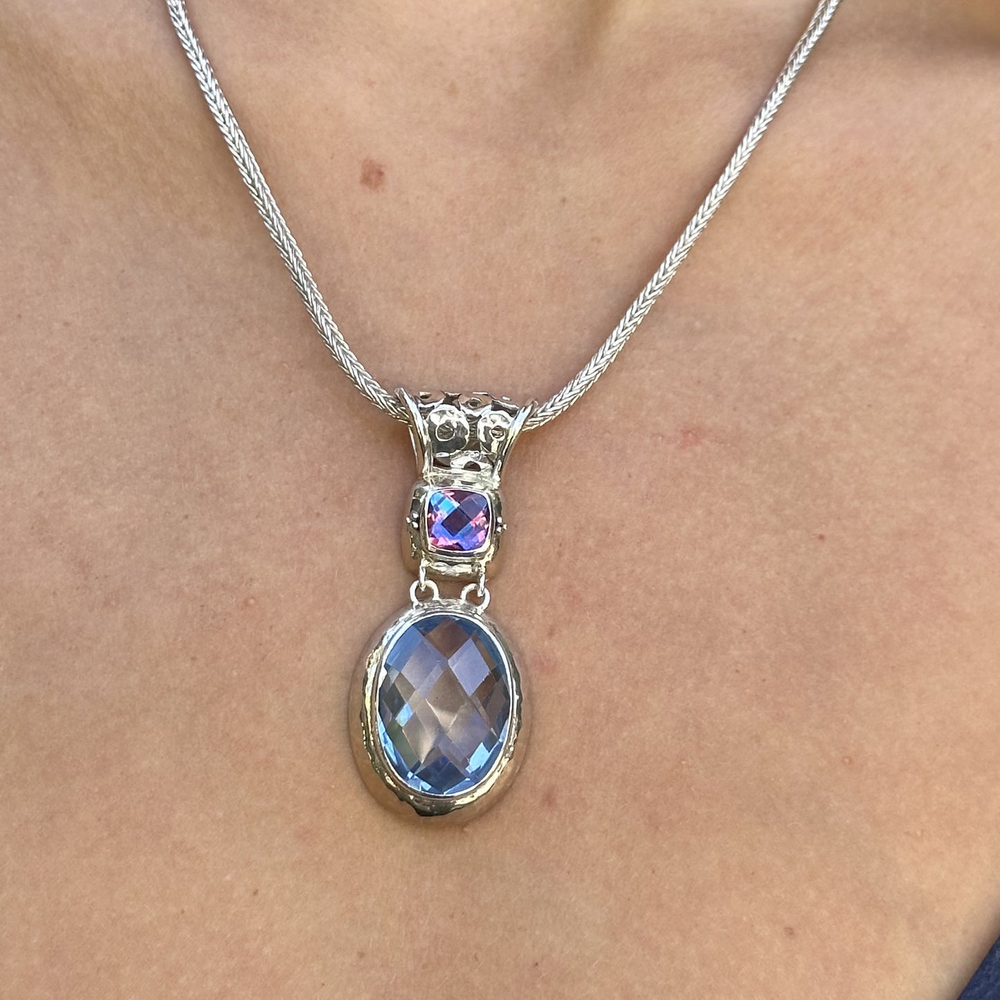 Double Drop Pendant Necklace – Blue Spinel, Rainbow Lavender Quartz (Splash 2009 Archive)