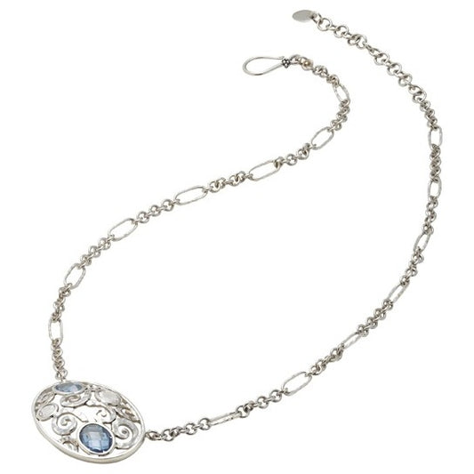 Sterling silver necklace with oval openwork swirl medallion set with blue spinel and white quartz on hand-hammered figaro chain, Lori Bonn Splash Collection 2009 Archive.