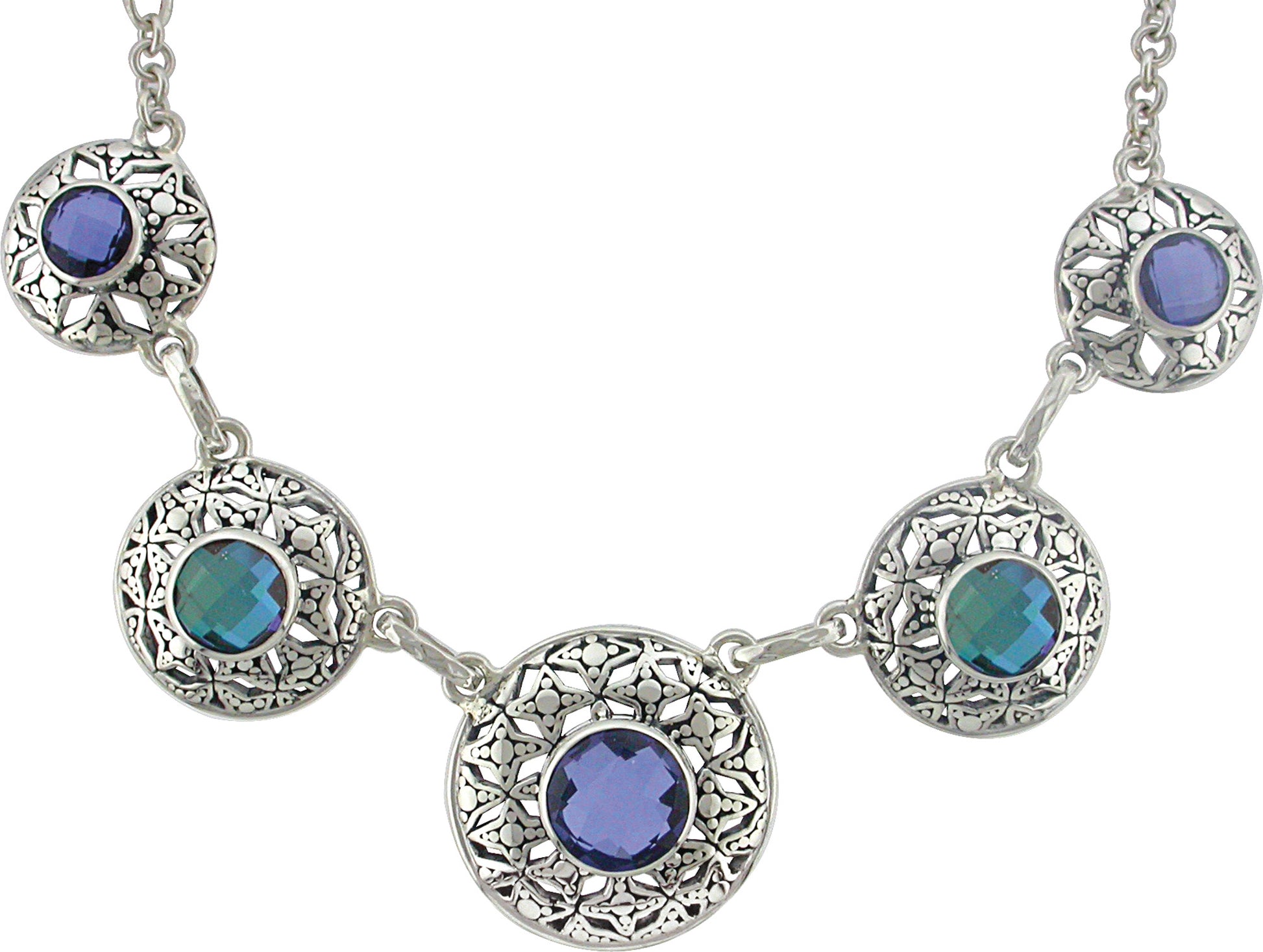 Sterling silver five medallion necklace with Windsor gate pattern, created blue sapphire and mystic quartz on handmade figaro chain, Windsor Collection 2009, Lori Bonn Archive.