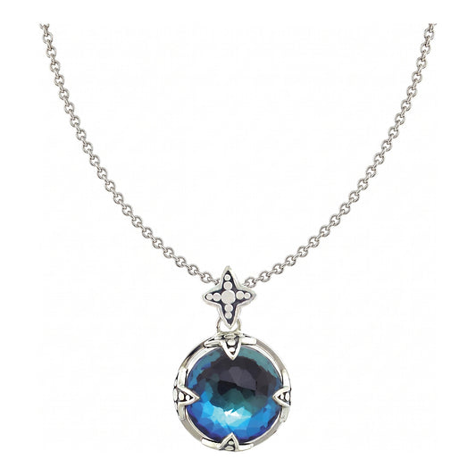 Sterling silver round pendant necklace with checkerboard-cut mystic quartz held by four star-point prongs and a granulated four-pointed star bail, on an 18 inch hammered link chain, Lori Bonn Windsor Collection 2009 Archive sample.
