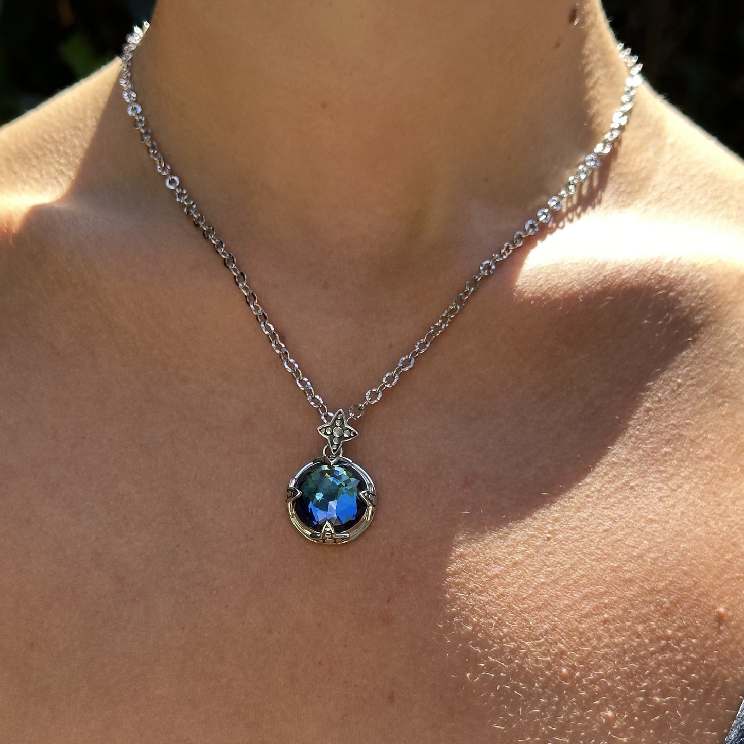 Round mystic quartz pendant necklace on an 18 inch hammered link chain, worn, Lori Bonn Windsor Collection 2009 Archive sample.
