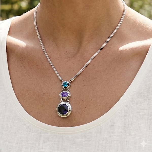 Triple Drop Pendant Necklace – Mystic Quartz, Blue Drusy & Created Blue Sapphire (Windsor 2009 Archive)