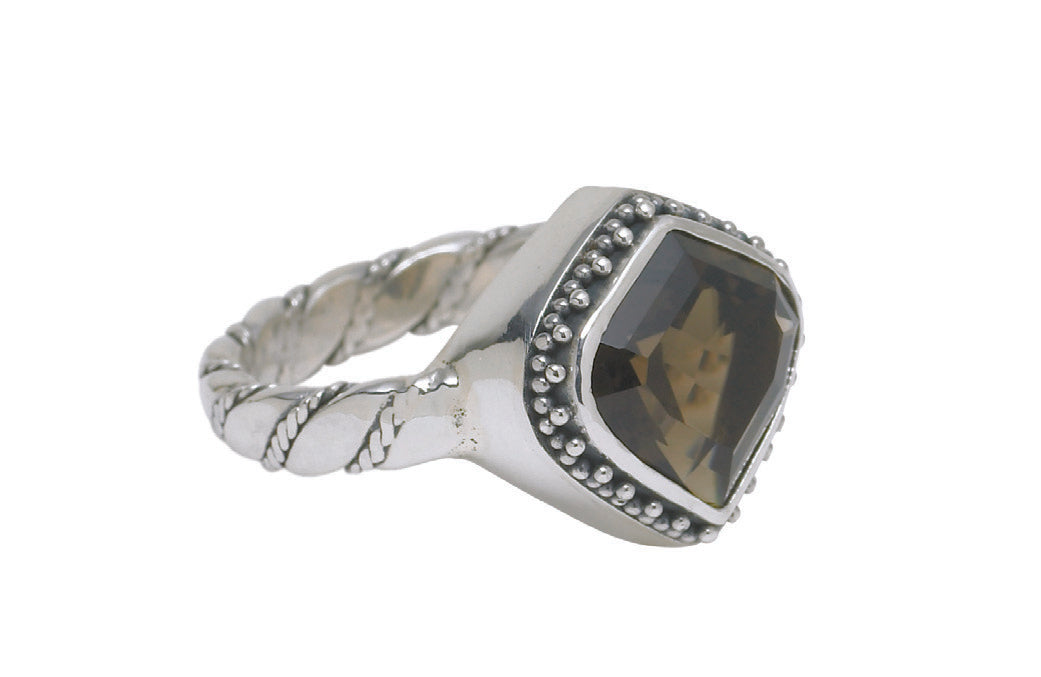 Sterling silver ring with lotus-cut smoky quartz and a twisted rope band from the Cognac 2005 Archive, size 8