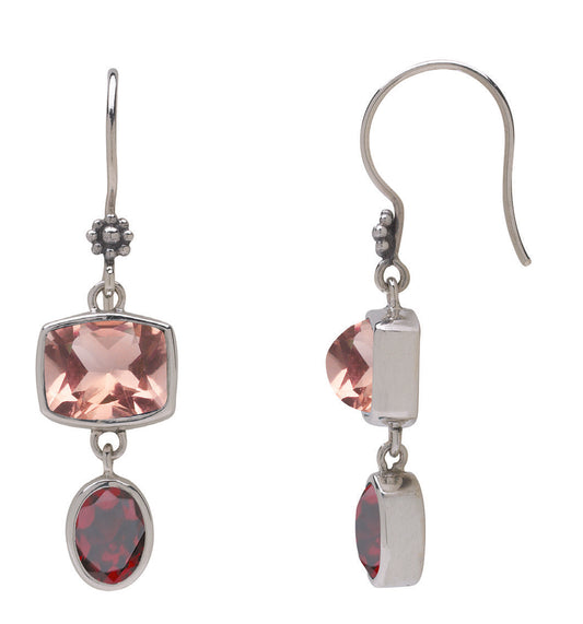 Sterling silver drop earrings with rose gold quartz and garnet from the Cognac 2005 Archive.