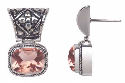 Sterling silver post earrings with repoussé box top and faceted rose gold quartz doublet cushion drop with twisted rope bezel, Cognac Collection 2005, Lori Bonn Archive