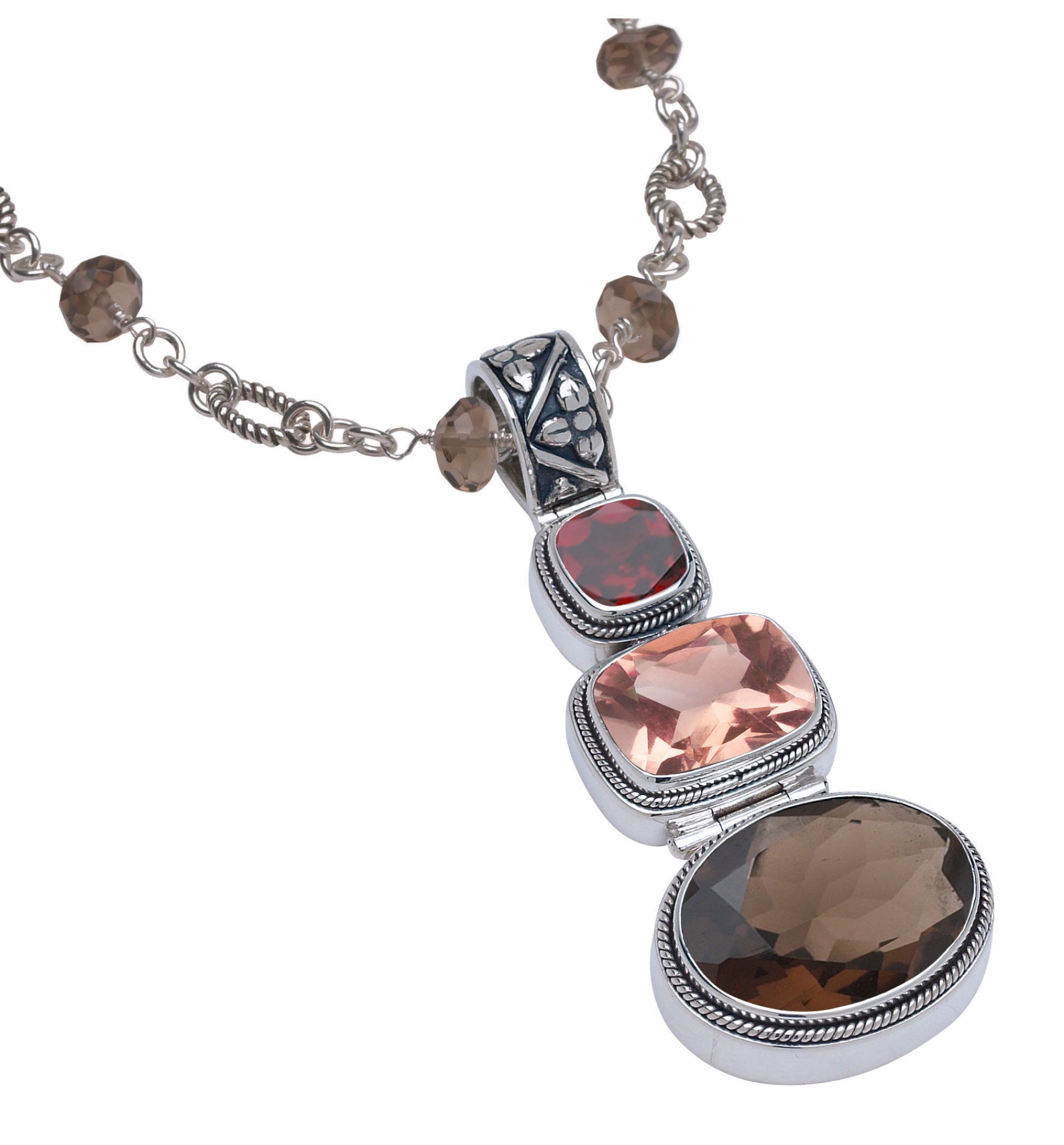 Sterling silver triple drop pendant necklace with garnet, rose gold quartz, and smoky quartz on an adjustable handmade link and rondelle chain, from the Cognac 2005 Archive.