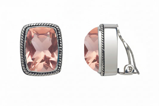 Sterling silver cushion rectangle clip earrings with faceted rose gold quartz doublet and twisted rope bezel, Cognac Collection 2005, Lori Bonn Archive.