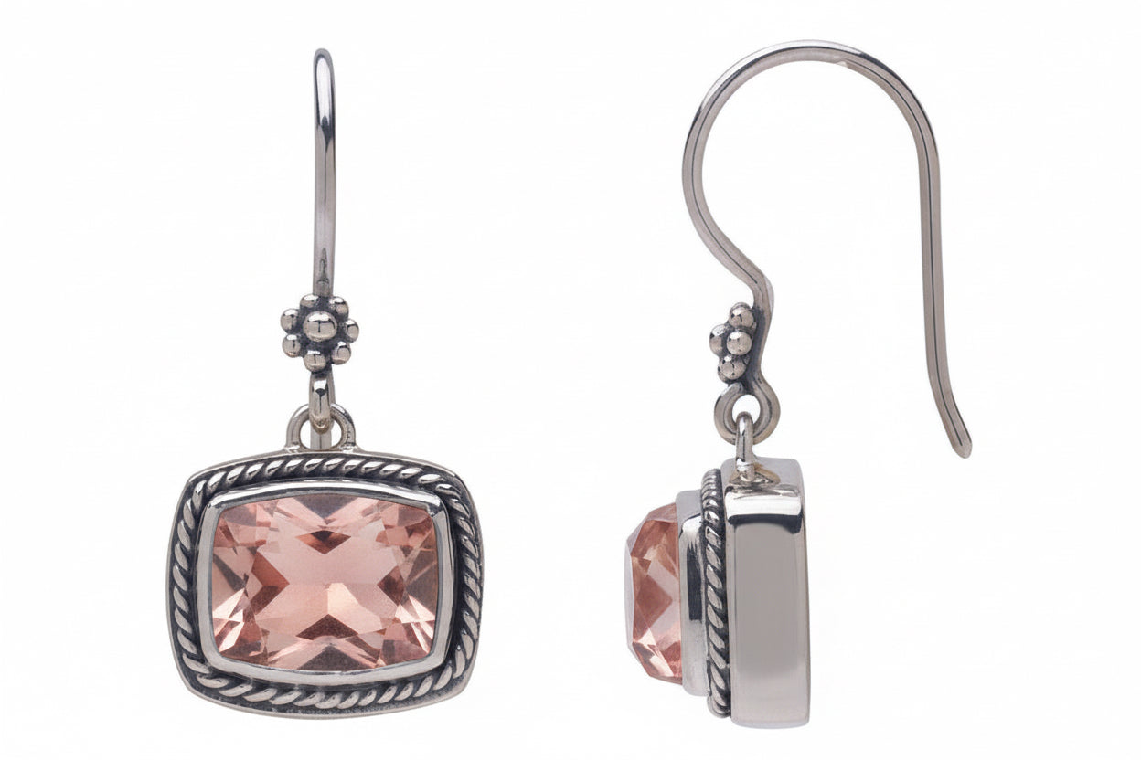 Sterling silver cushion rectangle drop earrings with faceted rose gold quartz doublet and twisted rope bezel on French wire, Cognac Collection 2005, Lori Bonn Archive.