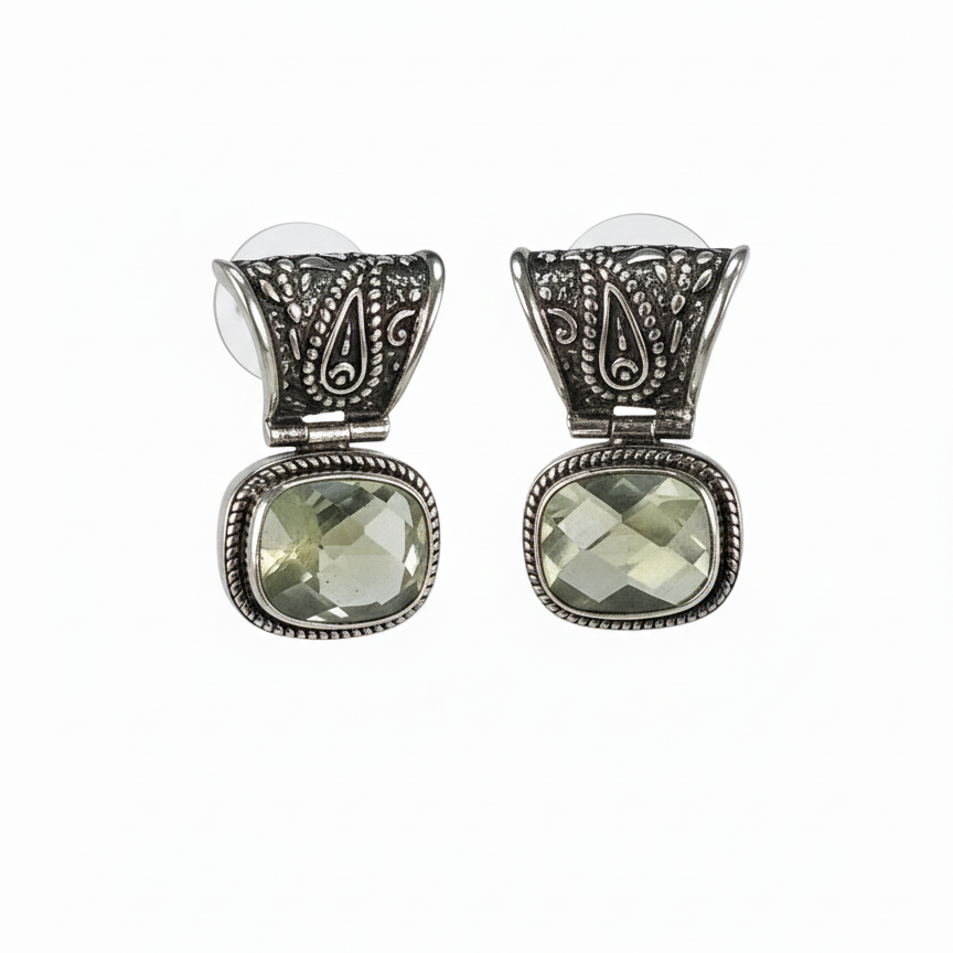 Sterling silver cushion drop earrings with faceted prehnite and paisley-detailed tops from the Verde 2006 Collection.
