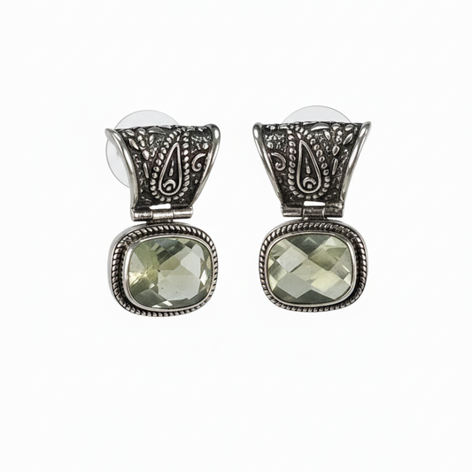Sterling silver cushion drop earrings with faceted prehnite and paisley-detailed tops from the Verde 2006 Collection.