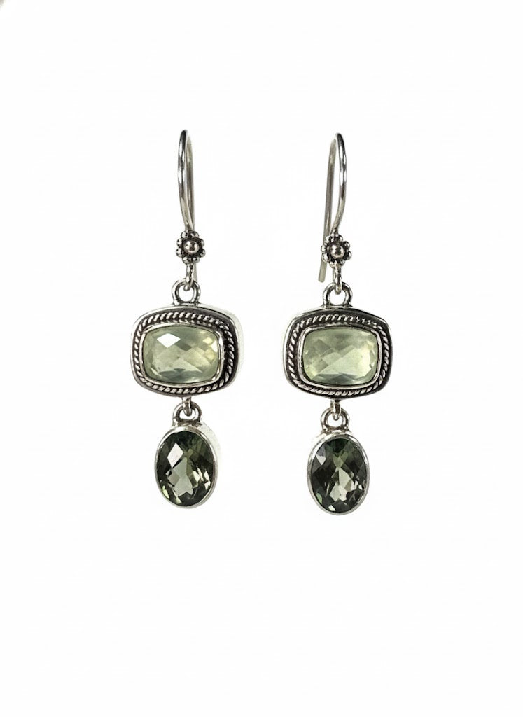 Sterling silver cushion drop earrings with faceted prehnite and green spinel accents from the Verde 2006 Collection.