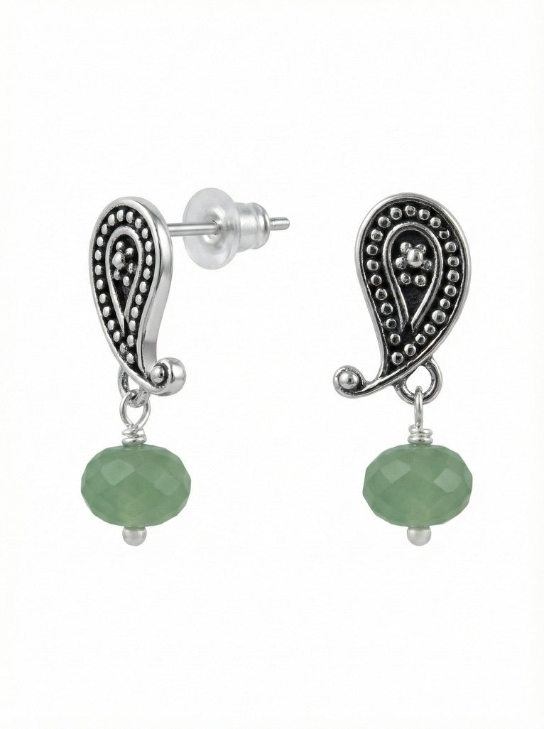 Sterling silver paisley post earrings with faceted prehnite rondelle drops from the Verde 2006 Collection.