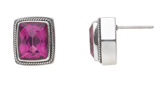 Sterling silver stud earrings with cushion-cut raspberry topaz in twisted rope border bezels, post backs. Parisian Muse Collection, 2004, Lori Bonn Archive.
