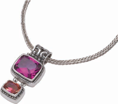 Sterling silver pendant necklace with cushion-cut raspberry topaz and twilight topaz drop in granulated bezels, openwork bail, on handwoven foxtail chain. One-of-a-kind sample, Parisian Muse Collection, 2004, Lori Bonn Archive.