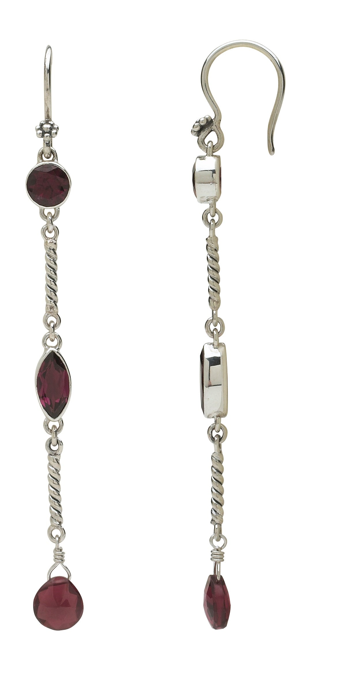 One-of-a-kind sterling silver linear drop earrings with faceted garnet stones from the Sasha 2003 Archive.