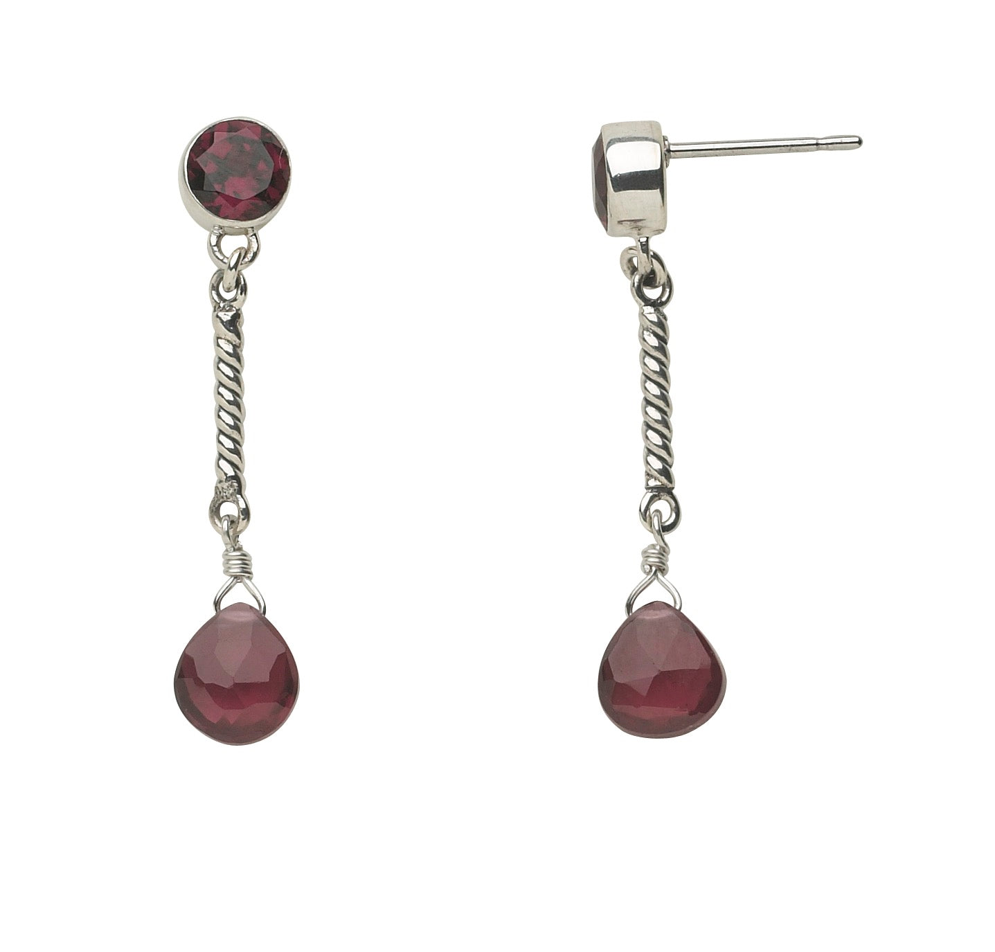 Sterling silver drop earrings with faceted garnet stones and twisted link detail from the Sasha 2003 Archive.