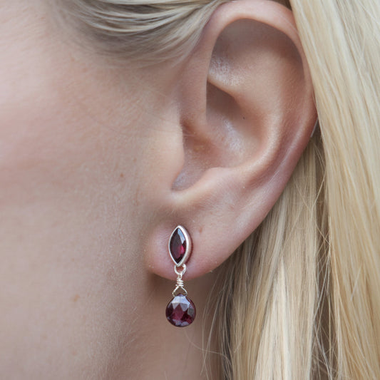 Sterling silver drop earrings with marquise and teardrop garnet stones from the Sasha 2003 Archive