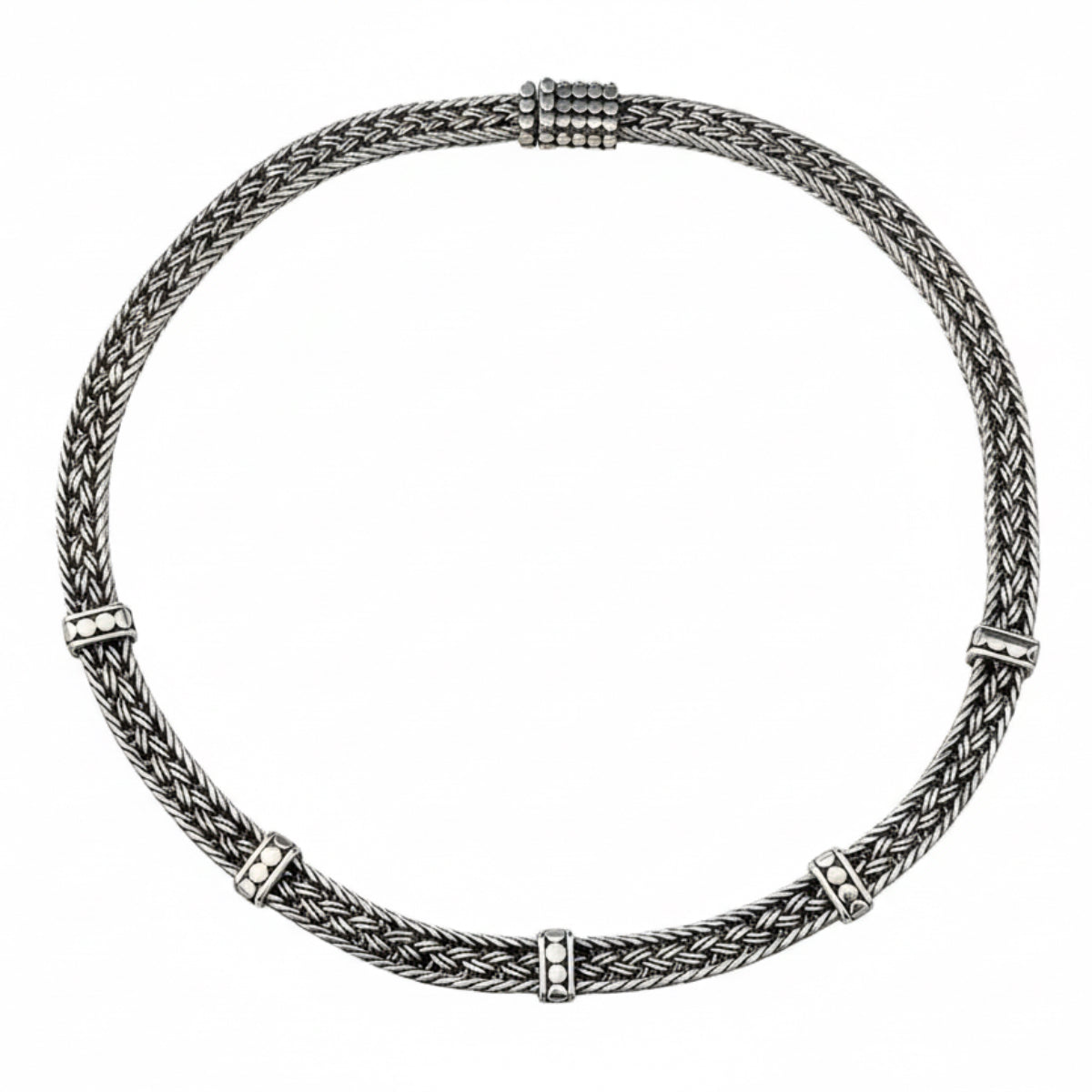 Handwoven sterling silver ikat necklace with granulated spacer stations, Ikat Collection 1998, Lori Bonn Archive.