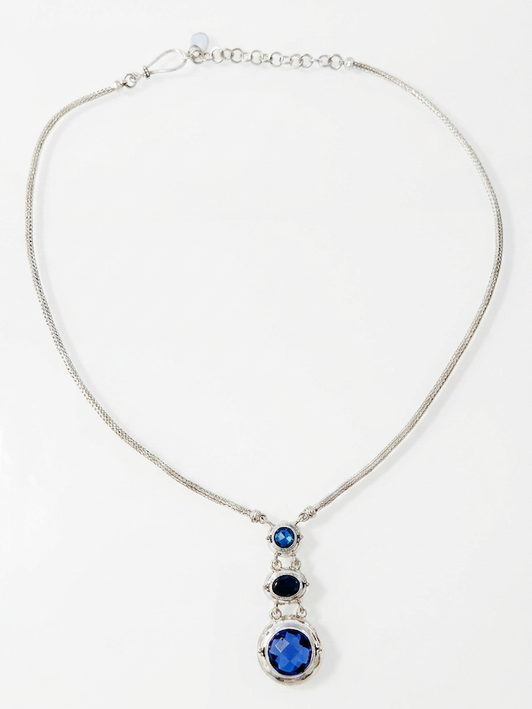 Triple Drop Pendant Necklace – Mystic Quartz, Blue Drusy & Created Blue Sapphire (Windsor 2009 Archive)