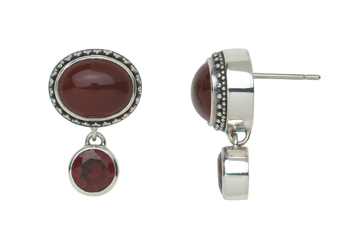 Sterling silver post earrings with carnelian oval cabochon and faceted round garnet drop in granulated bezel, Sasha Collection 2003, Lori Bonn Archive.