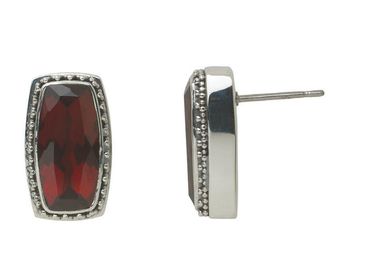 Sterling silver garnet post earrings with beaded detailing and a dimensional silhouette from the Sasha 2003 Archive.