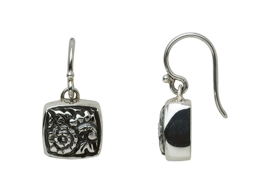 Sterling silver cushion square drop earrings with hand-carved floral repoussé on French wire, Sasha Collection 2003, Lori Bonn Archive.