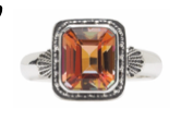 Rectangular twilight topaz ring with silver bezel and twisted wire shank