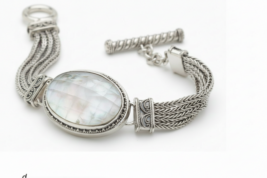 Sterling silver handwoven foxtail bracelet with oval snow quartz doublet from the Blush Collection Archive