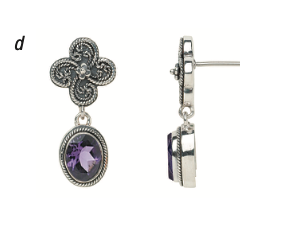 Sterling silver drop earrings with twisted rope clover post and faceted oval amethyst drop, Heirloom Collection 2002, Lori Bonn Archive.
