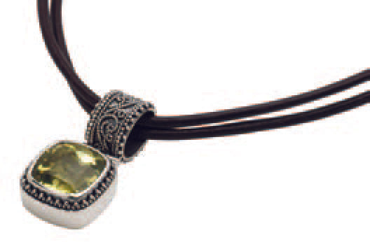 Leather choker with cushion-cut Oro Verde quartz pendant in sterling silver, handcrafted in Bali