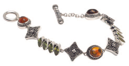 Sterling silver link bracelet with faceted amber and peridot stones, handcrafted in Bali