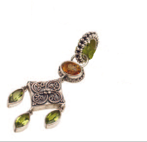 Amber and peridot chandelier pendant on sterling foxtail chain, handcrafted in Bali