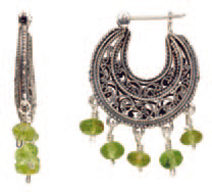 Sterling silver filigree hoop earrings with dangling peridot beads, handcrafted in Bali

