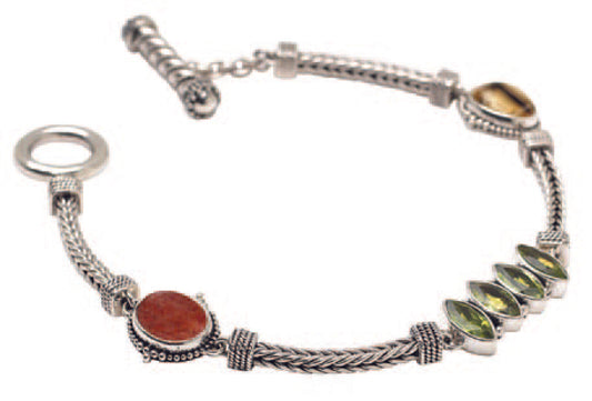 Sterling silver foxtail bracelet with sunstone, citrine, and peridot stones, handcrafted in Bali