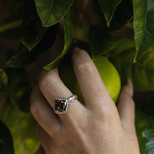 Sterling silver ring with lotus-cut smoky quartz and a twisted rope band from the Cognac 2005 Archive, size8