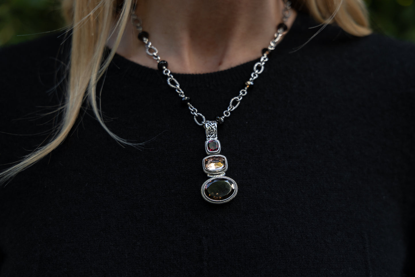 Sterling silver triple drop pendant necklace with garnet, rose gold quartz, and smoky quartz on an adjustable handmade link and rondelle chain, from the Cognac 2005 Archive.