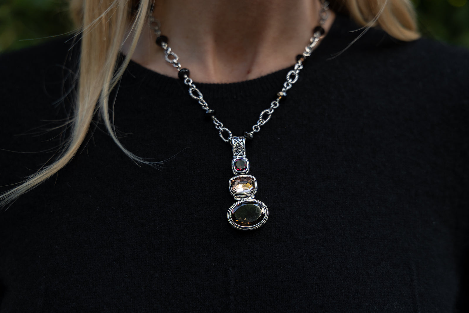 Sterling silver triple drop pendant necklace with garnet, rose gold quartz, and smoky quartz on an adjustable handmade link and rondelle chain, from the Cognac 2005 Archive.
