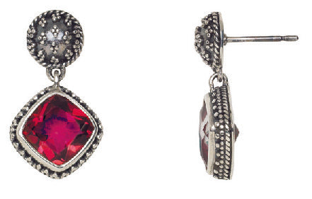 Drop earring with cushion-cut gypsy red topaz and silver granulated post