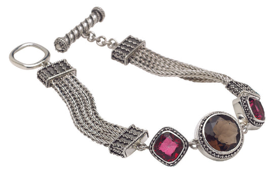 Multi-strand sterling silver bracelet with gypsy red topaz and smoky quartz cushion and round stones