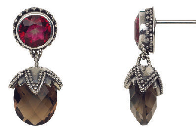 Briolette drop earrings with gypsy red topaz post and smoky quartz drop in silver