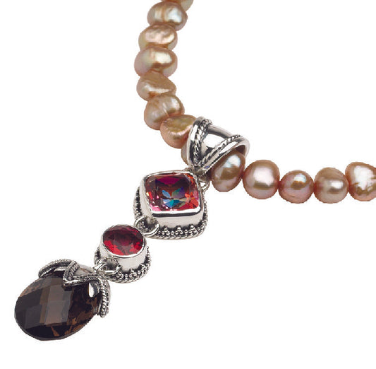 Pendant necklace with twilight topaz, gypsy red topaz, and smoky quartz on bronze freshwater pearl strand

