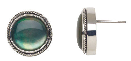 Round black mother of pearl earrings in silver bezel with post backing