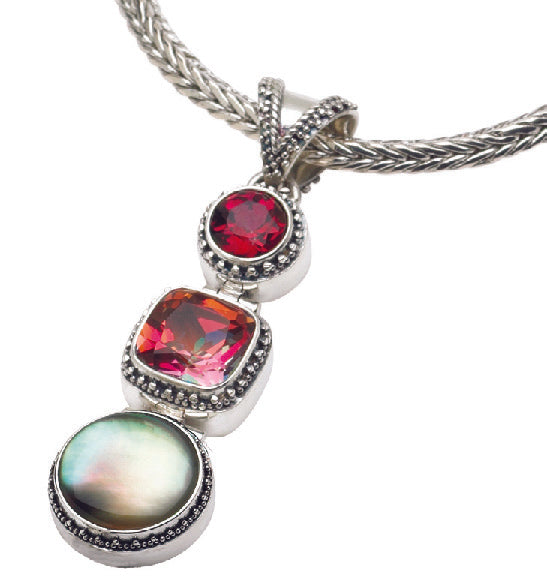 Three-stone pendant necklace with gypsy red topaz, twilight topaz, and black mother of pearl on silver foxtail chain