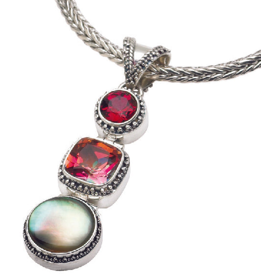 Three-stone pendant necklace with gypsy red topaz, twilight topaz, and black mother of pearl on silver foxtail chain