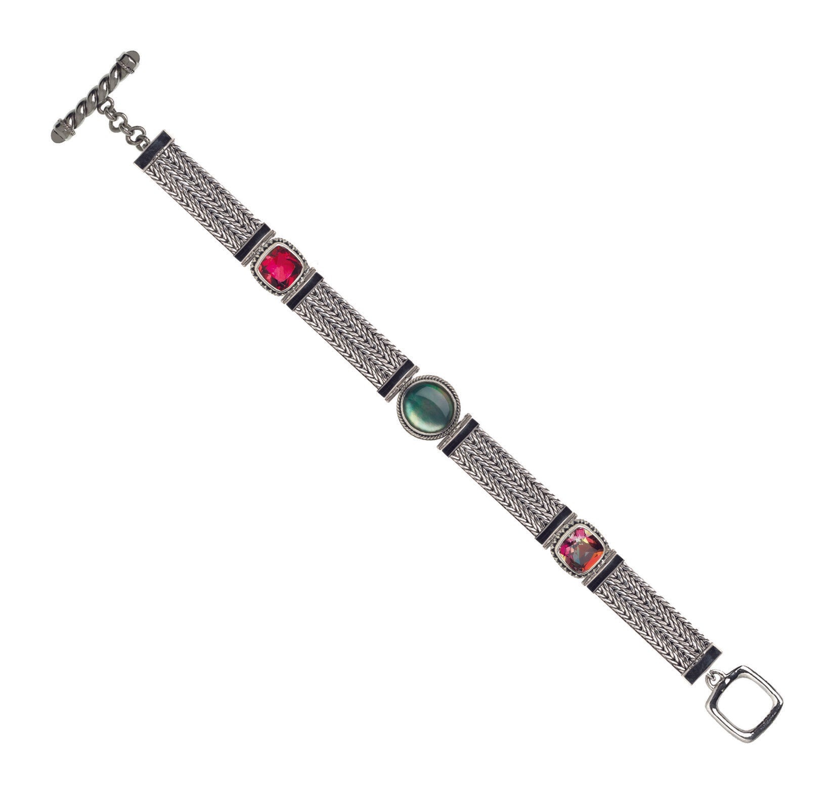 Multi-strand sterling silver bracelet with twilight topaz, gypsy red topaz, and black mother of pearl