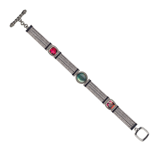 Multi-strand sterling silver bracelet with twilight topaz, gypsy red topaz, and black mother of pearl