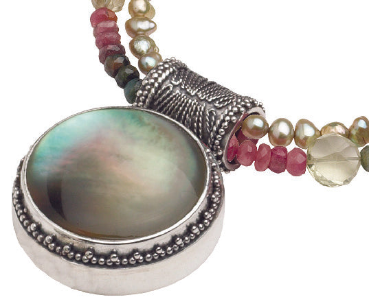 Pendant necklace with large black mother of pearl on tourmaline, pearl, and oro verde quartz double strand