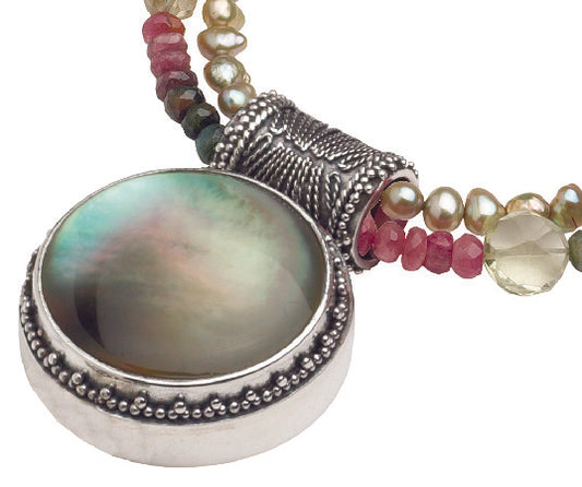 Pendant necklace with large black mother of pearl on tourmaline, pearl, and oro verde quartz double strand